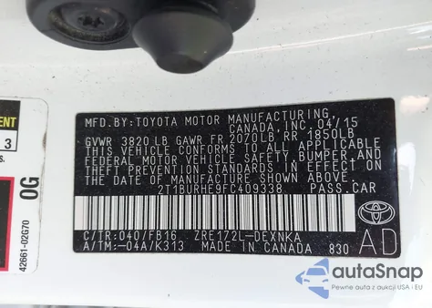 2015 Toyota Corolla Le из США, поврежденный, VIN 2T1BURHE9FC409338